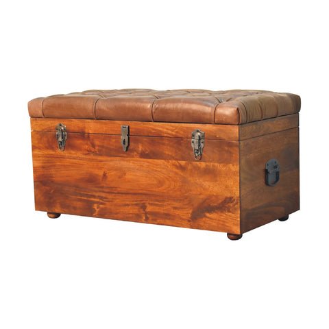 Solid Wood Storage Trunk with Oak-ish Finish and Buffalo Hide Leather in Brown