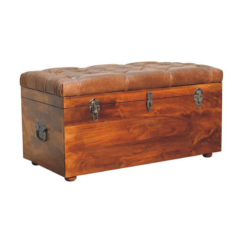 Solid Wood Storage Trunk with Oak-ish Finish and Buffalo Hide Leather in Brown