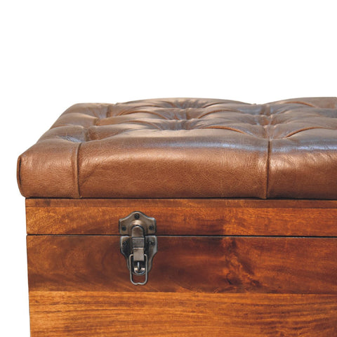 Solid Wood Storage Trunk with Oak-ish Finish and Buffalo Hide Leather in Brown