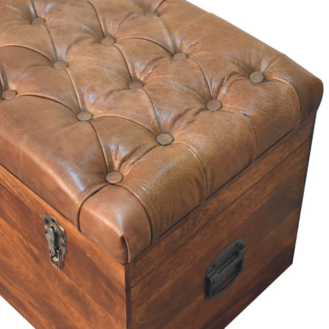 Solid Wood Storage Trunk with Oak-ish Finish and Buffalo Hide Leather in Brown