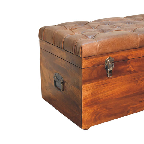 Solid Wood Storage Trunk with Oak-ish Finish and Buffalo Hide Leather in Brown