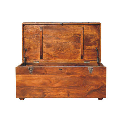 Solid Wood Storage Trunk with Oak-ish Finish and Buffalo Hide Leather in Brown