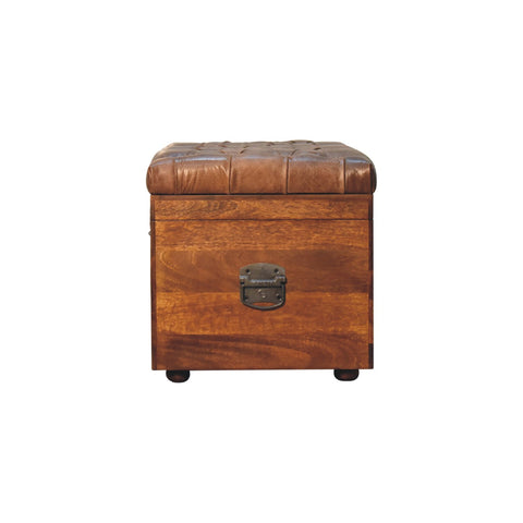 Solid Wood Storage Trunk with Oak-ish Finish and Buffalo Hide Leather in Brown