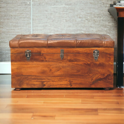 Solid Wood Storage Trunk with Oak-ish Finish and Buffalo Hide Leather in Brown