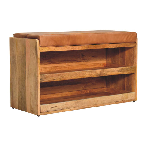 Solid Wood Storage Trunk with Oak-ish Finish and Buffalo Hide Leather in Brown