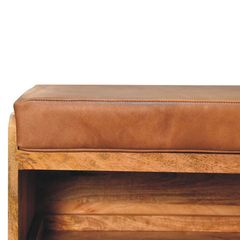 Solid Wood Storage Trunk with Oak-ish Finish and Buffalo Hide Leather in Brown