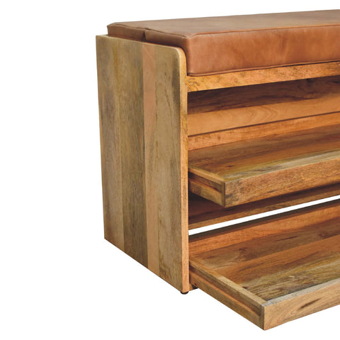 Solid Wood Storage Trunk with Oak-ish Finish and Buffalo Hide Leather in Brown