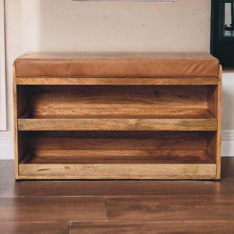 Solid Wood Storage Trunk with Oak-ish Finish and Buffalo Hide Leather in Brown