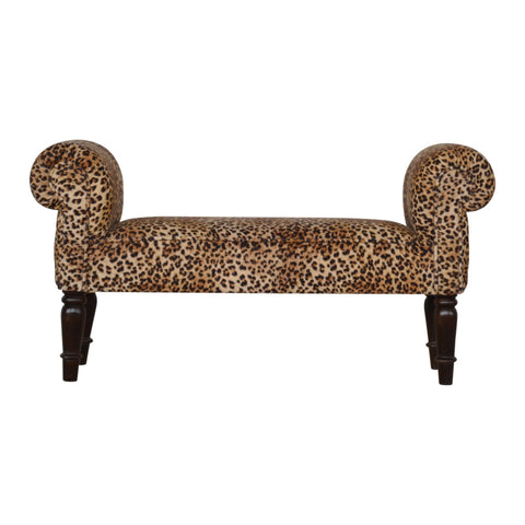 Luxurious Hallway Bench in Leopard Print Fabric and Walnut Finish