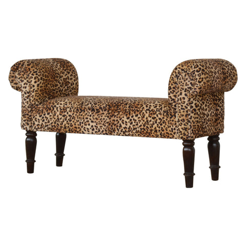 Luxurious Hallway Bench in Leopard Print Fabric and Walnut Finish