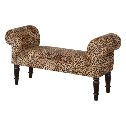 Luxurious Hallway Bench in Leopard Print Fabric and Walnut Finish