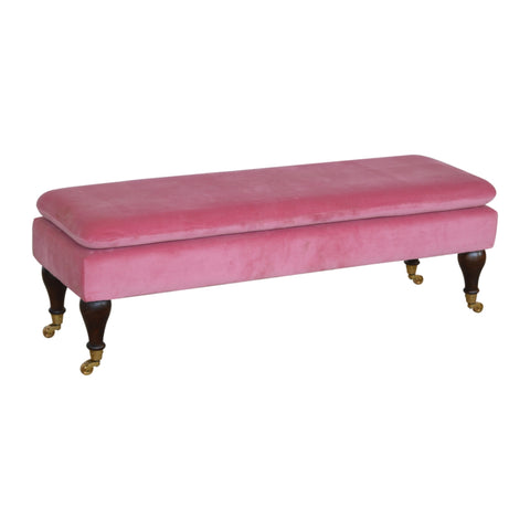 Exquisite Hallway Bench with Castor Feet and Velvet Fabric in Pink