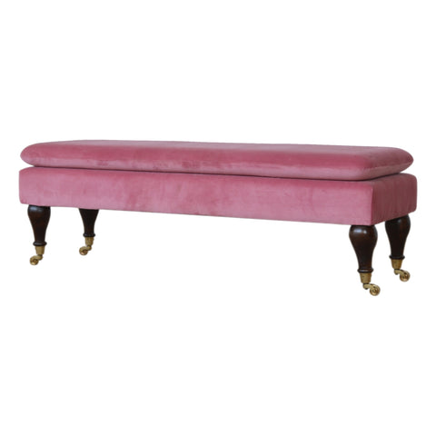 Exquisite Hallway Bench with Castor Feet and Velvet Fabric in Pink
