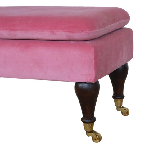 Exquisite Hallway Bench with Castor Feet and Velvet Fabric in Pink