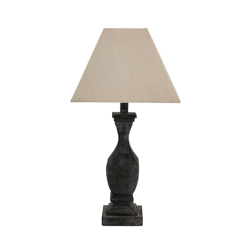 Simple and Elegant Neutral Linen Table Lamp with Grey Washed Wood Fluted base