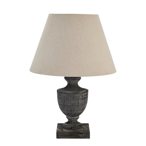 Simple and Elegant Neutral Linen Table Lamp with Grey Washed Wood Urn base