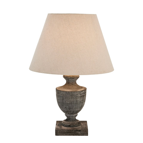 Simple and Elegant Neutral Linen Table Lamp with Grey Washed Wood Urn base