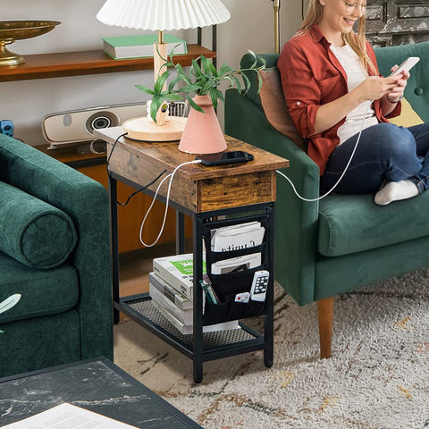 Stylish and Spacious Side Table with Industrial Design and Integrated Charging Station