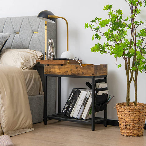 Stylish and Spacious Side Table with Industrial Design and Integrated Charging Station