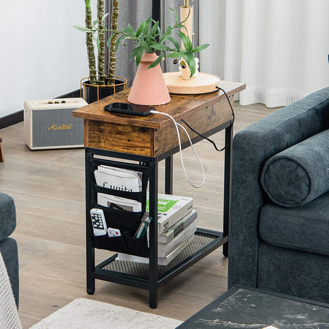 Stylish and Spacious Side Table with Industrial Design and Integrated Charging Station
