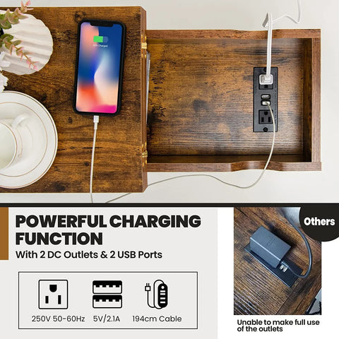 Stylish and Spacious Side Table with Industrial Design and Integrated Charging Station