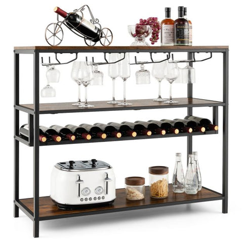 Industrial style Wine and Liquor Cabinet with 4 Storage Tiers in Rustic Brown