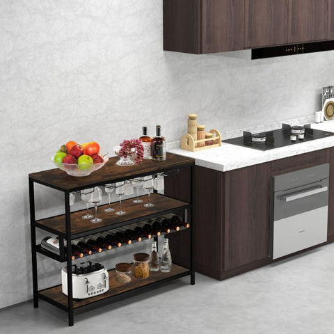 Industrial style Wine and Liquor Cabinet with 4 Storage Tiers in Rustic Brown