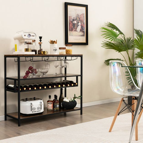 Industrial style Wine and Liquor Cabinet with 4 Storage Tiers in Rustic Brown
