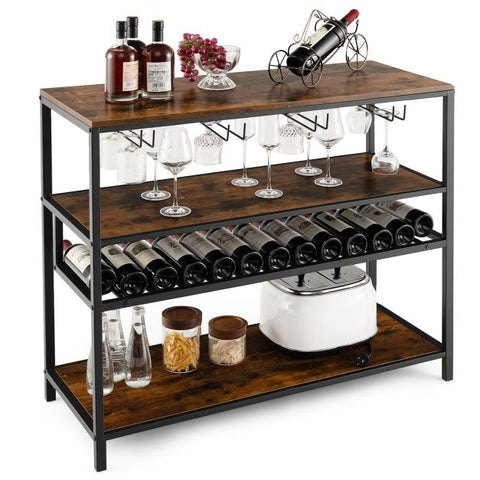 Industrial style Wine and Liquor Cabinet with 4 Storage Tiers in Rustic Brown