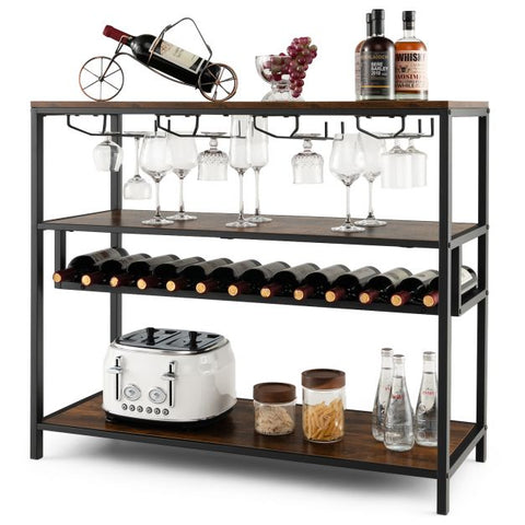 Industrial style Wine and Liquor Cabinet with 4 Storage Tiers in Rustic Brown