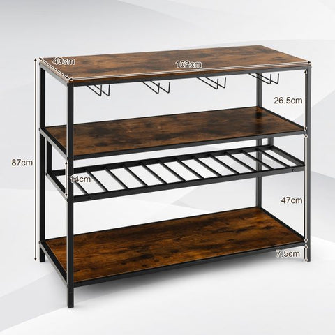 Industrial style Wine and Liquor Cabinet with 4 Storage Tiers in Rustic Brown