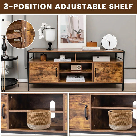 Minimalistic Industrial Style TV Stand with 2 Cabinet Doors and Adjustable Shelf