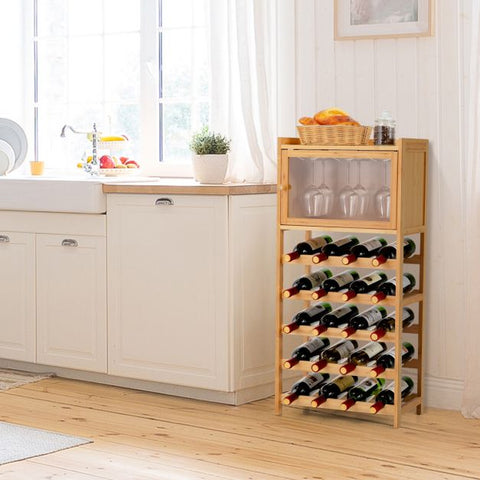 Stylish and Rustic Wine Rack with Separate Glass Compartment in Natural Wood