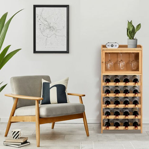 Stylish and Rustic Wine Rack with Separate Glass Compartment in Natural Wood