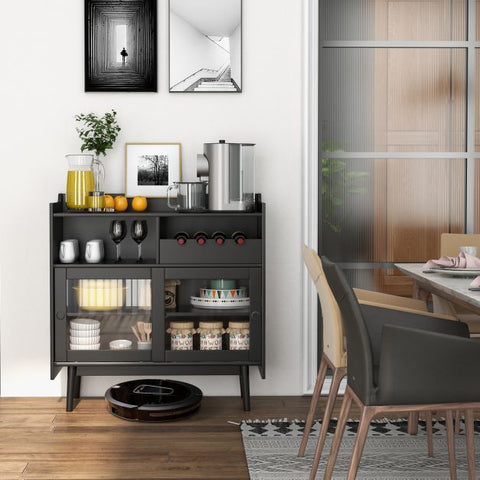 Elegant and Neat Buffet Sideboard with Tempered Glass Cabinet Doors in Black