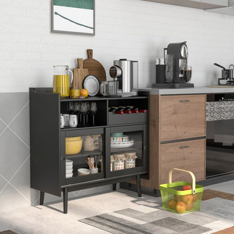 Elegant and Neat Buffet Sideboard with Tempered Glass Cabinet Doors in Black