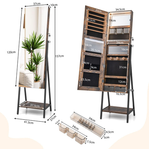 Edgeless Standing Jewellery Mirror with Storages, Shelve, Lock and Internal Mirror with LED