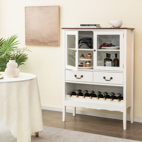 Vintage Kitchen Sideboard with Integrated Wine Rack and Glass Cabinet Doors in White