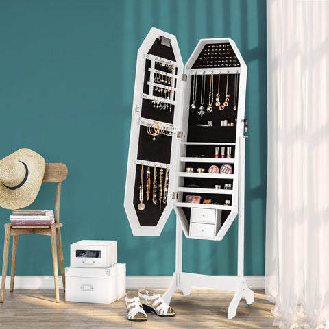 Diamond Shape Standing Jewellery Mirror with Storages, LED Mirror and Lock