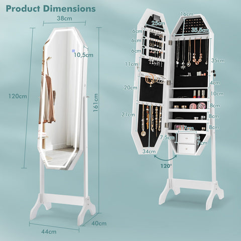 Diamond Shape Standing Jewellery Mirror with Storages, LED Mirror and Lock