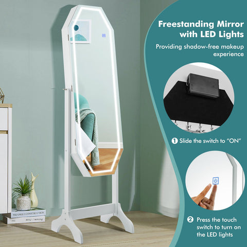 Diamond Shape Standing Jewellery Mirror with Storages, LED Mirror and Lock