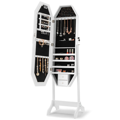 Diamond Shape Standing Jewellery Mirror with Storages, LED Mirror and Lock