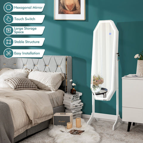 Diamond Shape Standing Jewellery Mirror with Storages, LED Mirror and Lock