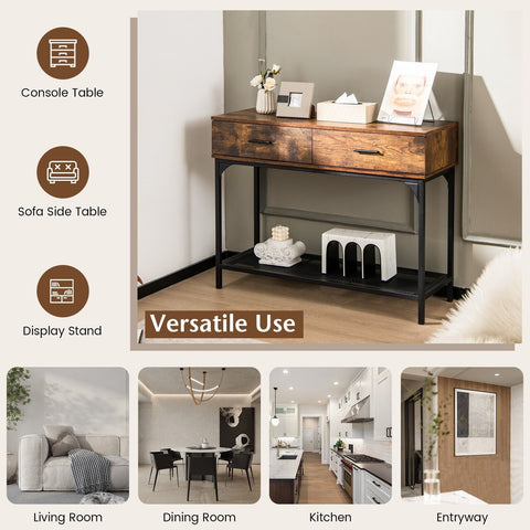 Stylish Multi Use Entryway Console Table with Industrial Design in Rustic Brown