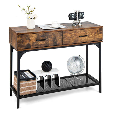 Stylish Multi Use Entryway Console Table with Industrial Design in Rustic Brown