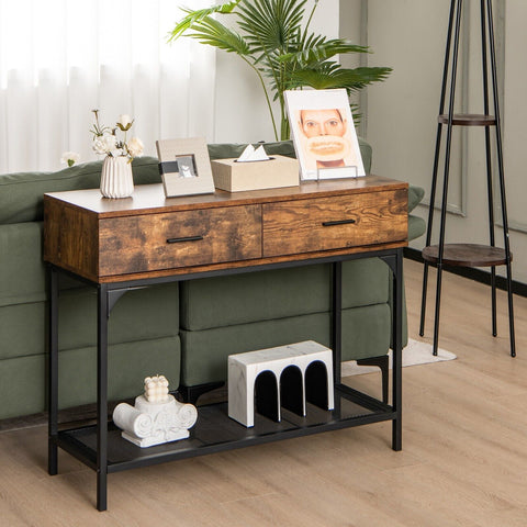 Stylish Multi Use Entryway Console Table with Industrial Design in Rustic Brown