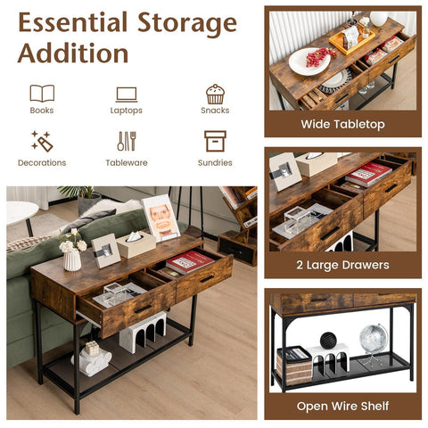 Stylish Multi Use Entryway Console Table with Industrial Design in Rustic Brown