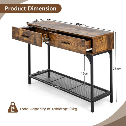 Stylish Multi Use Entryway Console Table with Industrial Design in Rustic Brown