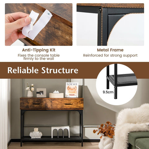 Stylish Multi Use Entryway Console Table with Industrial Design in Rustic Brown