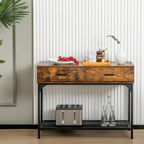 Stylish Multi Use Entryway Console Table with Industrial Design in Rustic Brown